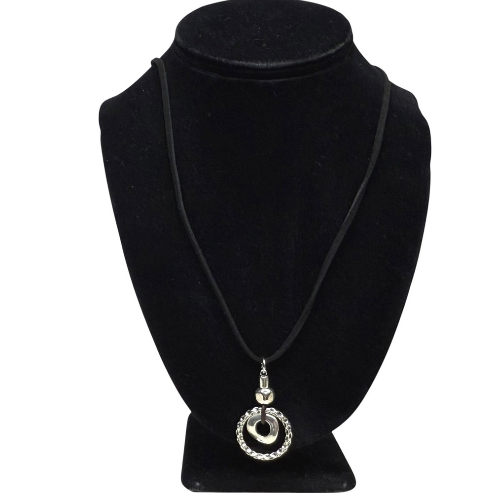 Silver Tone Double Circle Charm Pendant Necklace Black Suede Cord Jewelry 14 in